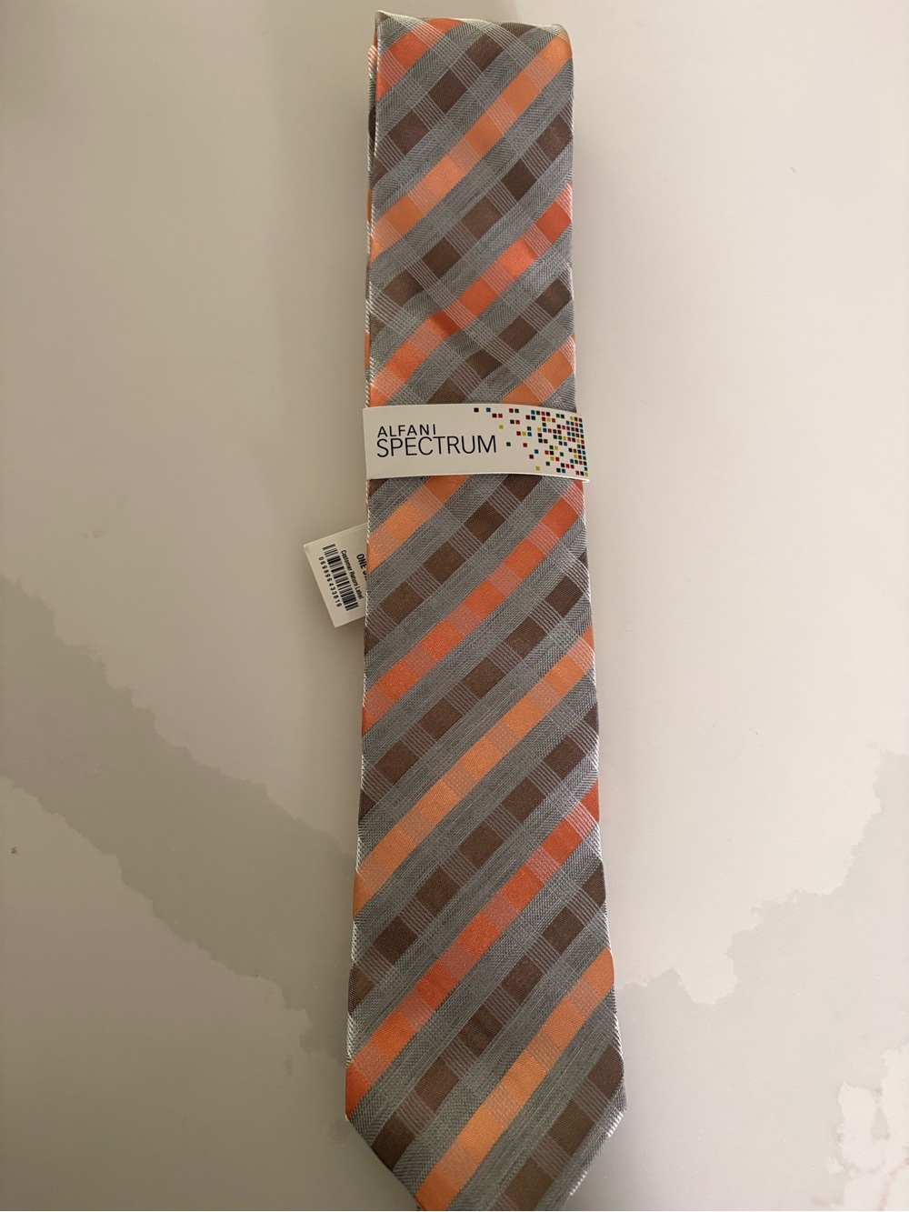 Alfani Spectrum Orange and Gray Plaid Stripe Tie